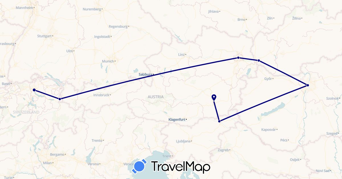 TravelMap itinerary: driving in Austria, Switzerland, Hungary, Liechtenstein, Slovenia, Slovakia (Europe)